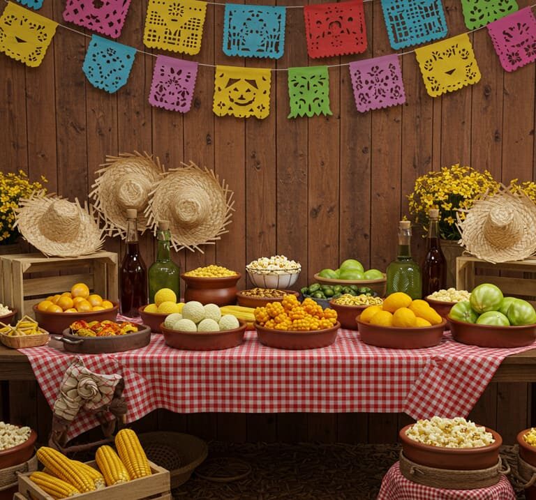 mesa de doces e comidas tipicas de festa junina com chapéu, toalha xadrez e bandeirinhas
